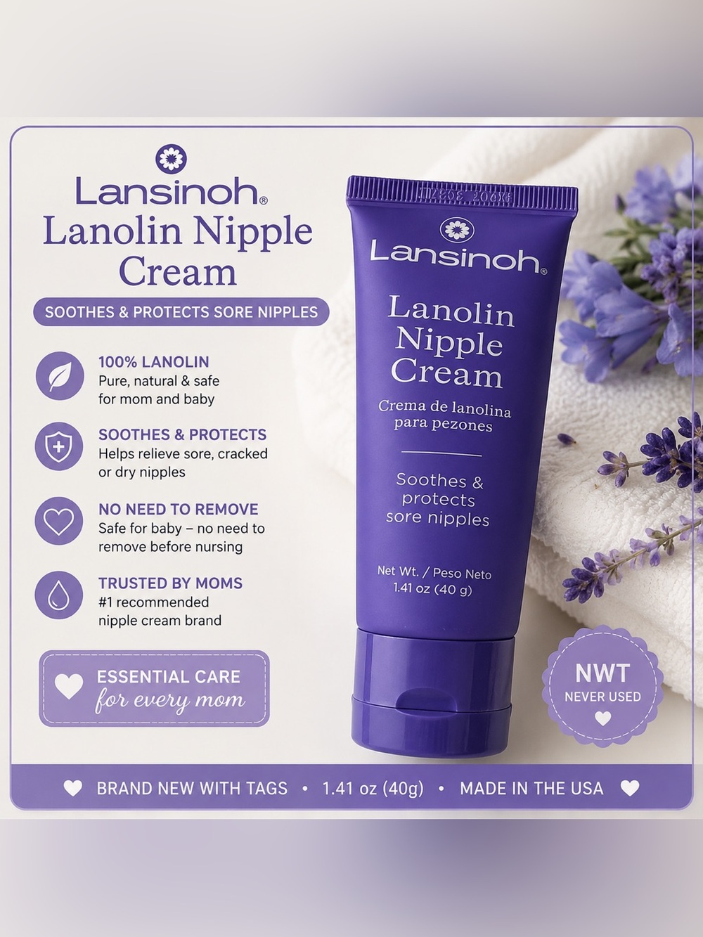 Lansinoh Lanolin Nipple Cream 1.41 oz Breastfeeding Essentials NWT